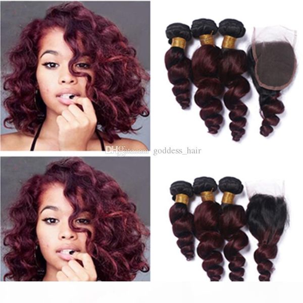 

ombre color #1b 99j loose wave hair bundles with lace closure with baby hair burgundy lace closure with wine red 9a hair extensions, Black