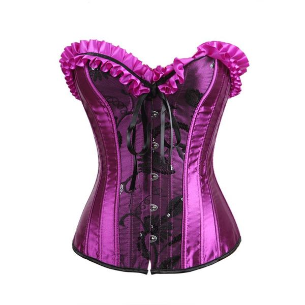 

bustiers & corsets women satin floral lace up overbust corset showgirl waist cincher body shaper bustier lingerie purple plus size, Black;white
