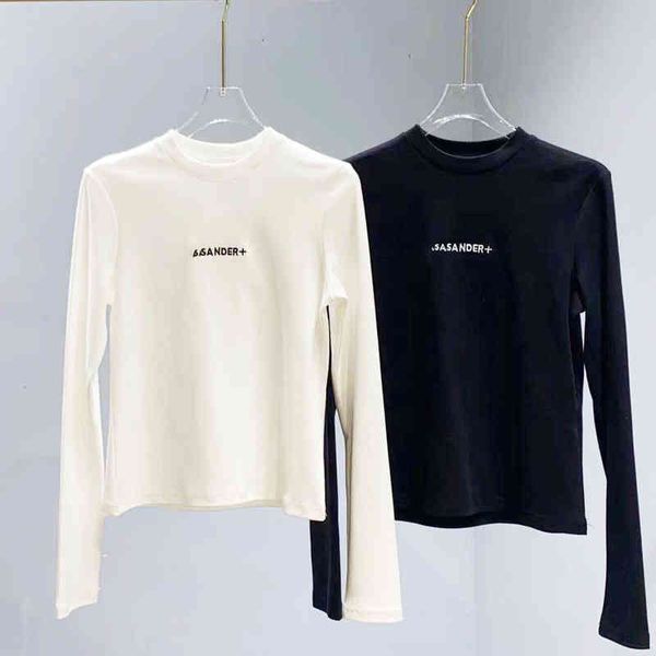 

women's t-shirt high version jil21 early autumn simple embroidery letter backing t-shirt slim fitting long sleeve basic round neck wome, White