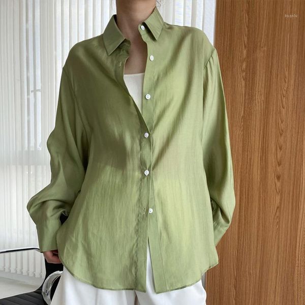 

women's blouses & shirts [ewq] korea chic temperament casual fashion lapel single-breasted wide loose green long-sleeved shirt women su, White