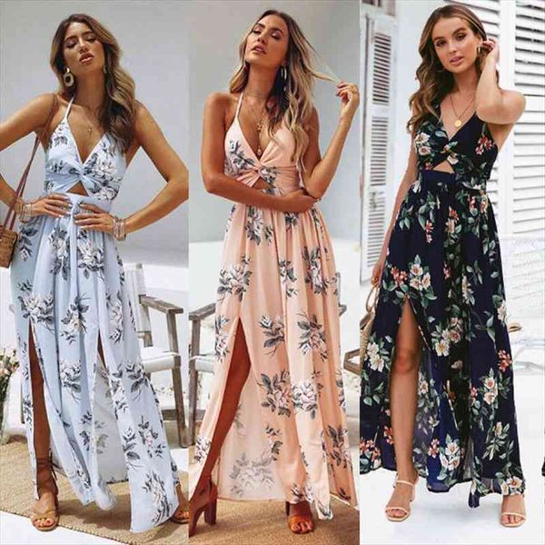 

boho summer long bandage elegant women dresses floral halter evening party maxi holiday sundress, Black;gray