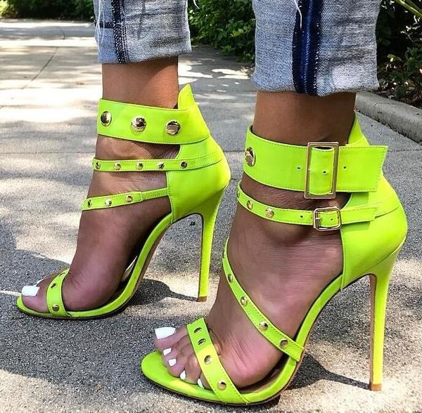

sandals green narrow band stiletto high heels gladiator lady open toe casual party shoes women cut-outs thin with rivets, Black