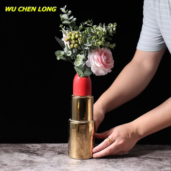 WU CHEN LONG Simulazione Rossetto Arti Vaso Ornamenti decorativi Disposizione dei fiori in ceramica ArtCraft Decorazione domestica R5475 210310