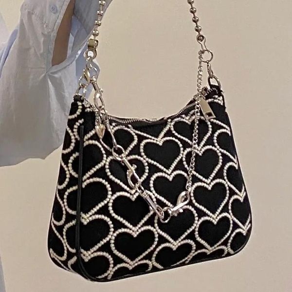 

evening bags xiuya fashion handbags 2021 heart shape embroidered girl autumn winter shoulder bag woman lolita gothic tote baguette canvas