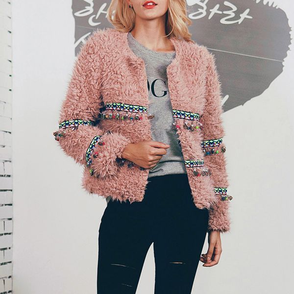 

autumn winter coat women 2020 casual loose solid appliques tassel teddy coat female vintage plus size thick faux fur coats white 9nn3, Black