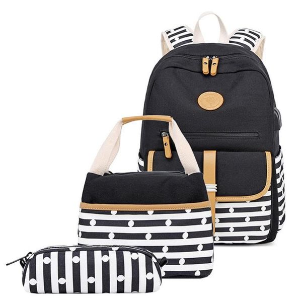 

backpack 3pcs/set women striped printing canvas backpacks school bags bookbag for teenagers girls laprucksack travel daypack