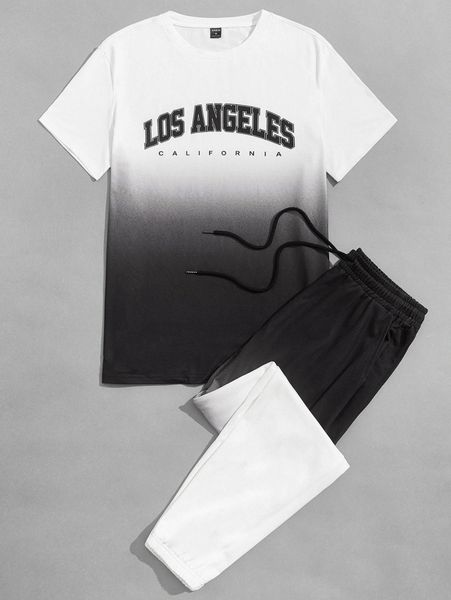 

men ombre letter graphic tee & drawstring waist pants 76fk#, Gray