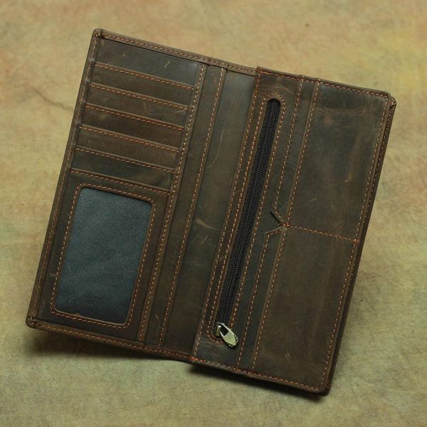 

card holder wallet men leather long wallets real cowhide clutch walet for men crazy horse leather male money purse business card, Red;black