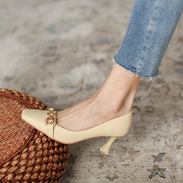 

sandals 166-a1 chic self retaining ~ square head high heels women's thin heel french metal button single shoes ol temperament commuting, Black