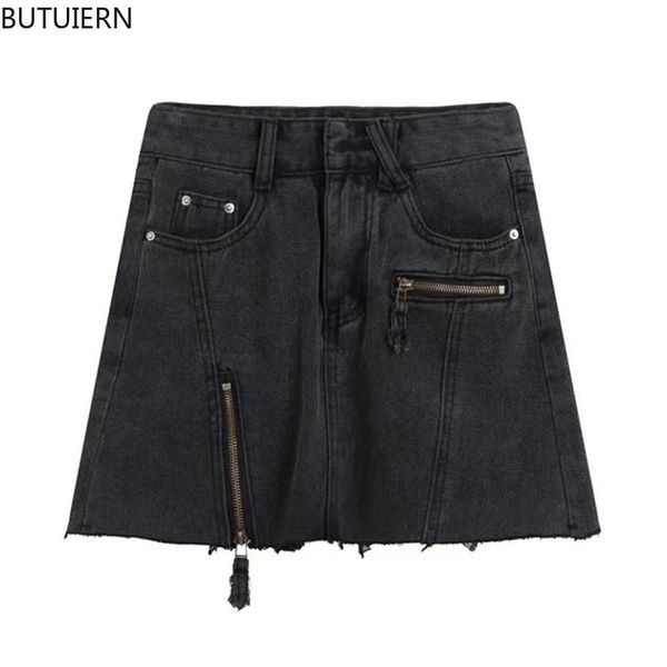 

skirts women's crop high waist streetwear zipper spliced design slim wrap female 2021 retro a-line fashion buttoms, Black
