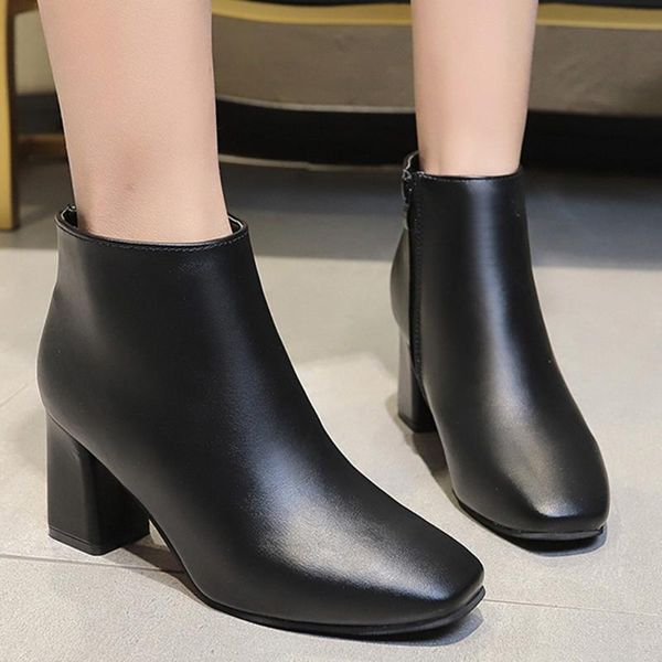 

boots shoes woman casual simple slip-on leisure solid pointed toe zipper square high heel falts black booties