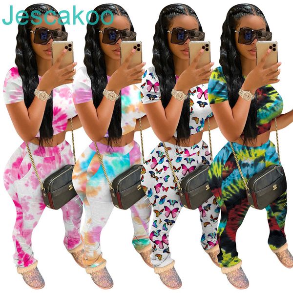 

designer women summer tie-dye outfits set butterfly print tracksuits short sleeve t shirt + leggings outfits sportswear 2 piece set, Gray