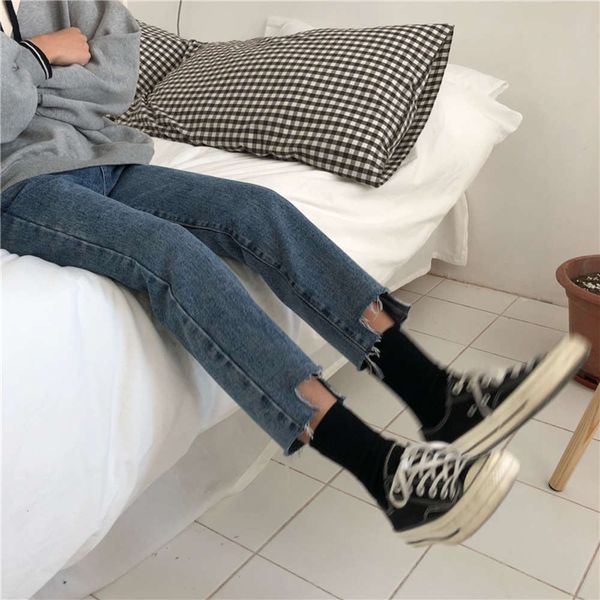 

slightly fat girls wear leg pants. sister's high waist nine point fashionable, Blue