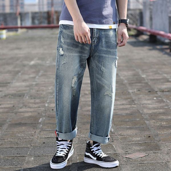 

spring and summer springless wide leg pants men's fashion brand straight baggy jeanswinter, Blue