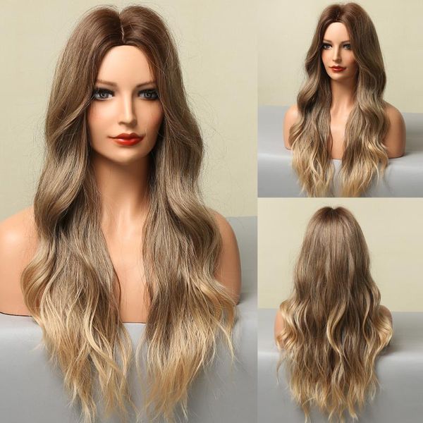 

synthetic wigs alan eaton middle part long wavy for women ombre brown blonde golden cosplay daily hair heat resistant fibre, Black