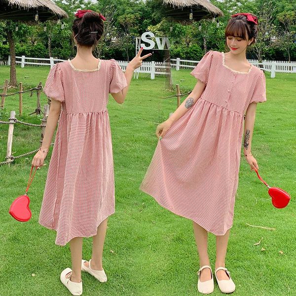 

maternity dresses 9039# dress summer short sleeves plaid square collar easy matching loose stylish pregnant women mom, White