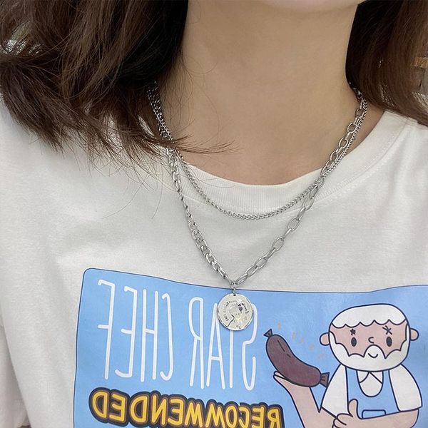 

chains stainless steel necklace vintage carved coin thick chain silver color women punk jewelry double layer choker necklaces