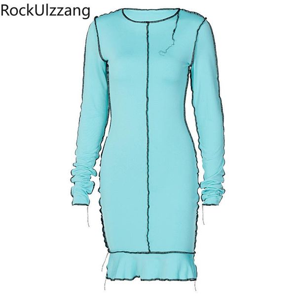 

casual dresses fall long sleeve stretch bandage high waist stitch contrast ruffles hem solid o-neck mini dress women slim fashion vinta, Black;gray