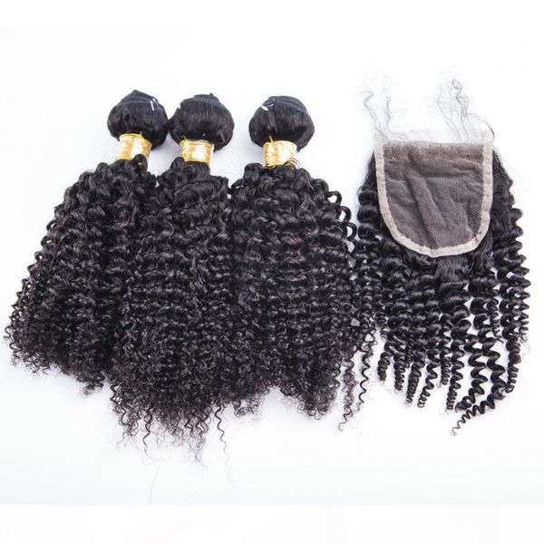 

sell kinky curly market human hair 3 bundles with one piece 4*4 lace closure one pack peruvian human hair weaves with closure, Black