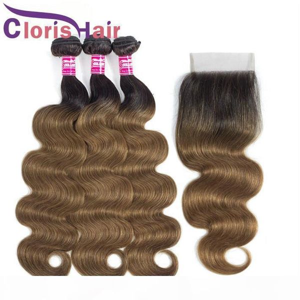 

1b 30 brazilian virgin human hair wavy bundles with closure 4x4 dark roots medium auburn body wave swiss lace closure with ombre weaves, Black;brown