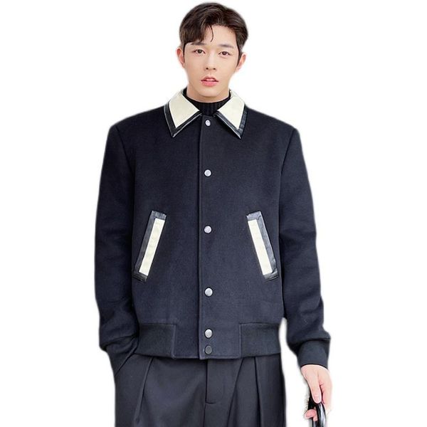 

men's jackets autumn winter men leather splice vintage fashion loose casual wool jacket man korean japan streetwear, Black;brown