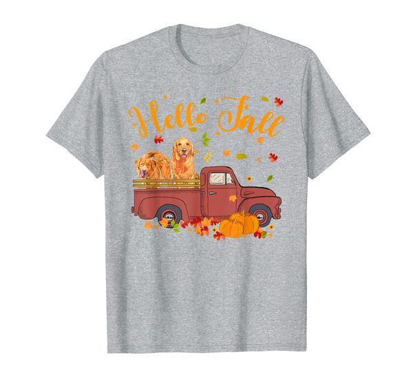 

golden retriever dog on pumpkins truck autumn leaf fall t-shirt, White;black