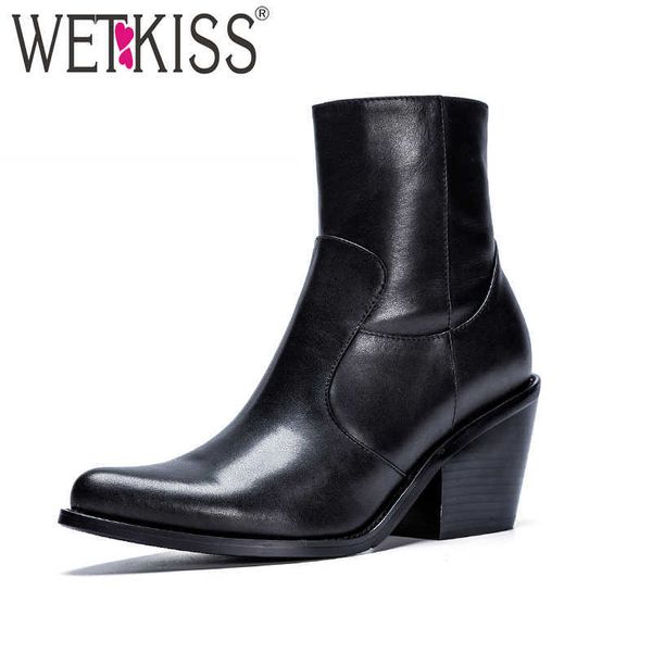 

wetkiss thick high heels women boots pointed toe zip footwear western female ankle boot cow leather shoes women autumn 210630, Black