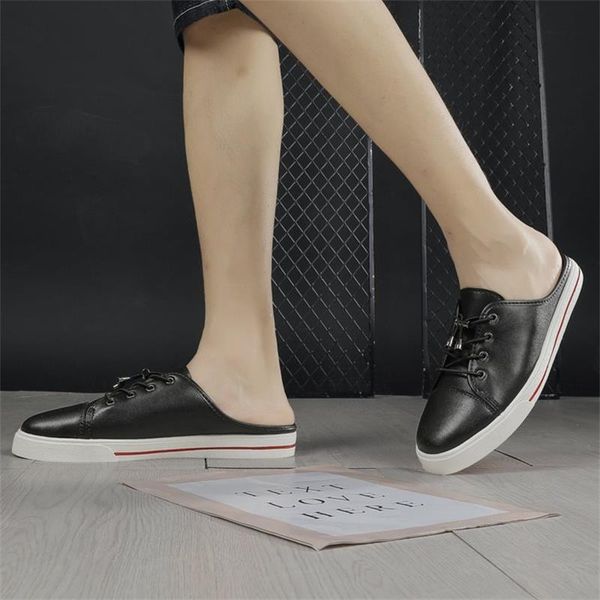 

slippers men's shoes fashion solid plutonium classic round toe flat heel casual all-match comfortable lace half drag ks073 gxbd, Black