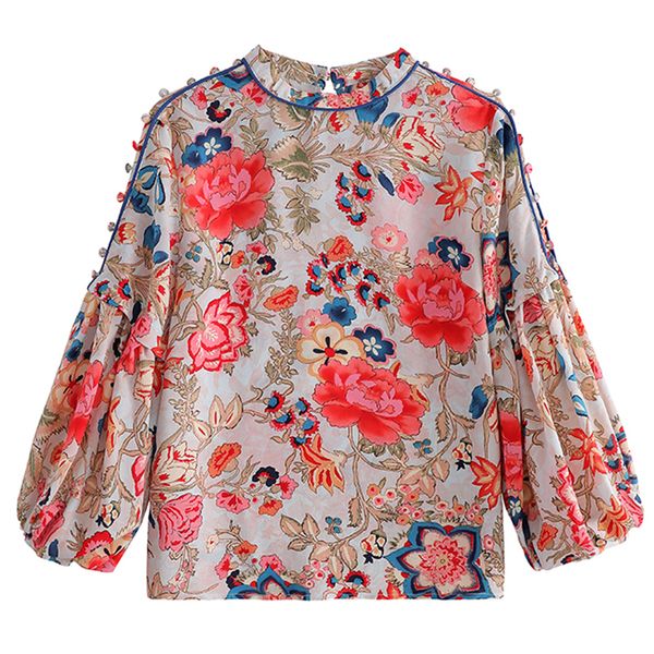 Vintage Blumenhemden im chinesischen Stil Frauenblusen Frühling Herbst Chiffonbluse Lange Laternenhülse Tops Blusas Mujer 210225