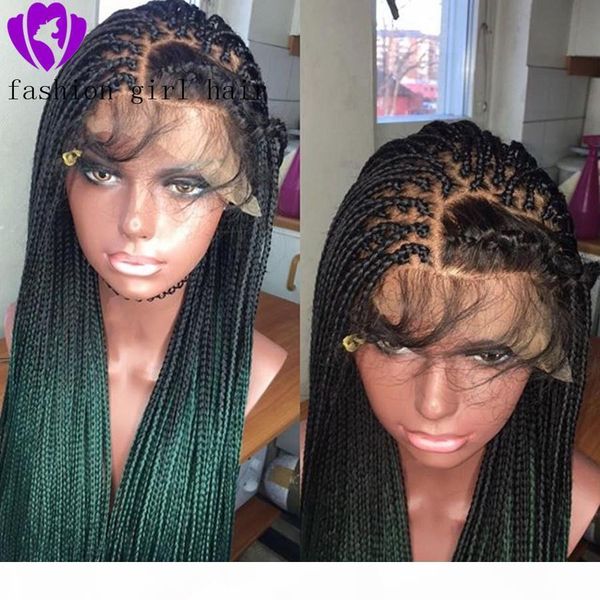 

handmade box braided wigs synthetic lace front women wig black roots to green wig heat resistant wigs for women, Black;brown