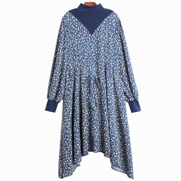

2021 new turtleneck v-neck retro floral print autumn and winter loose ruffles full mid-calf es women s09m, Black;gray