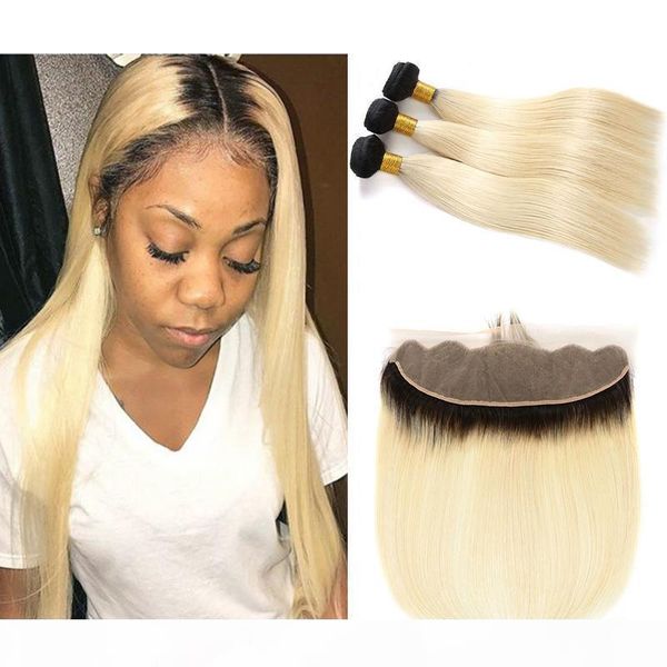 

ombre color 1b 613 straight 3 bundles with 13x4 lace frontal dark roots blonde human hair weaves frontal and bundles for black women, Black;brown