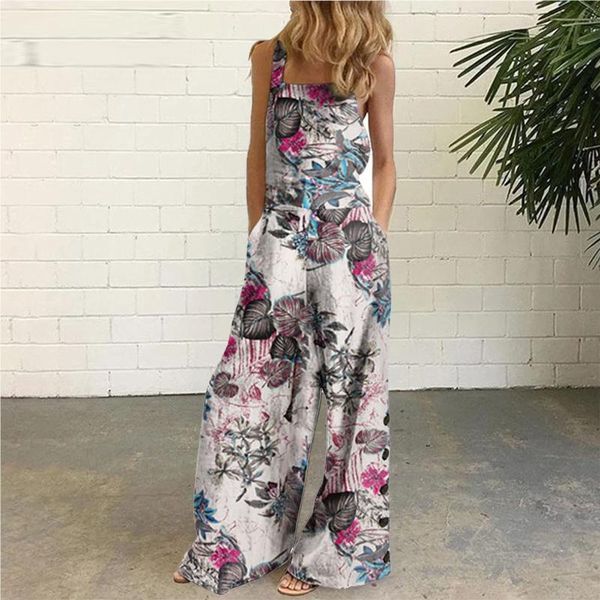 

gym clothing ladies sleeveless printed jumpsuit fashion casual workwear floral summer wide leg bib pants, in stock, fast, White;black