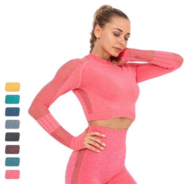 

yoga outfit seamless women's shirt gym running sportswear quick dry long sleeve crop t shirts push up workout yogaÂ suit