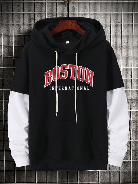 

men 2 in 1 letter graphic kangaroo pocket drawstring hoodie d9wd#, Black