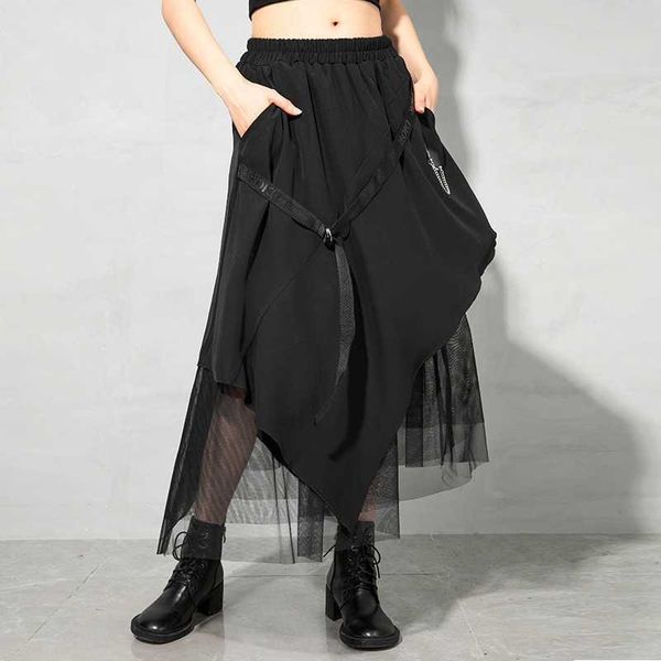 Siyah Patchwork Kadın Etekler Düzensiz Gazlı Bez Streetwear Mujer Faldas Bahar Yaz Asimetrik Tasarım Jupe 13A225 210525