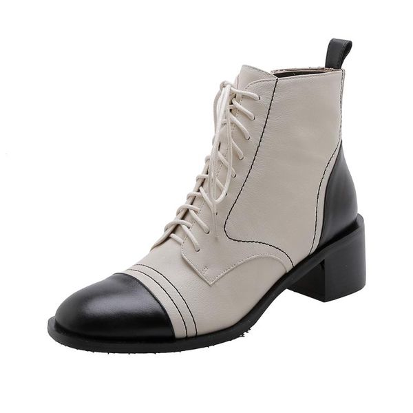 

boots sklfgxzy french brand genuine leather women ankle fashion female high heels lace-up women's shoes size 34-40, Black