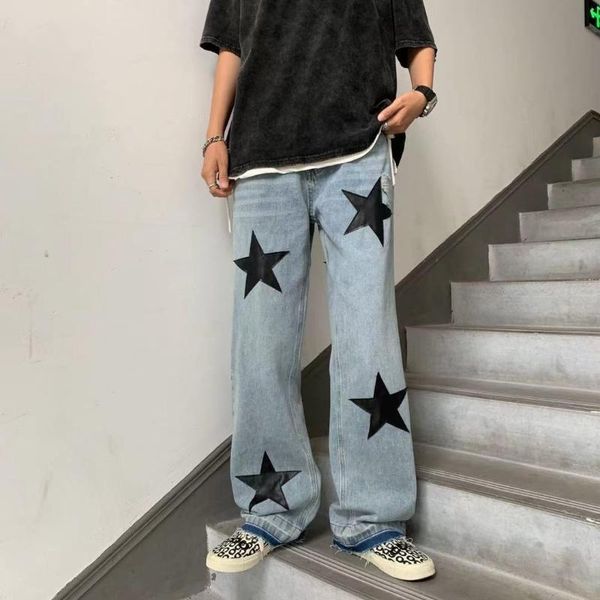 

women's jeans 2021 cool summer fashion ins street hip-hop printing wash loose casual denim wide leg pants star print woman, Blue