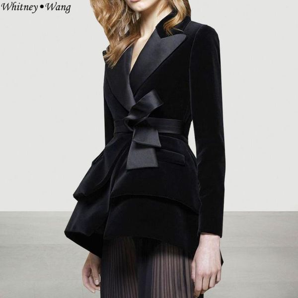 

women's suits & blazers whitney wang 2021 autumn winter fashion elegant bow sashes velvet blazer women coat office lady ww-3183, White;black
