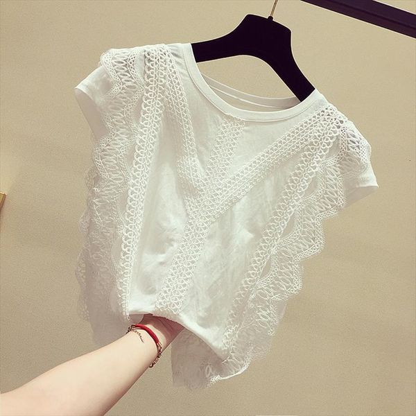 

summer fashion short sleeve womens shirt o neck lace hollow out solid blouses casual blusas plus size, White