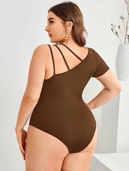 

plus solid asymmetrical neck bodysuit o4io#, Black