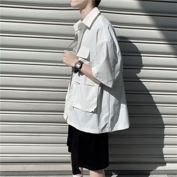 

men's casual shirts white shirt short-sleeved summer hong kong style japanese overalls trend korean handsome jacket, White;black
