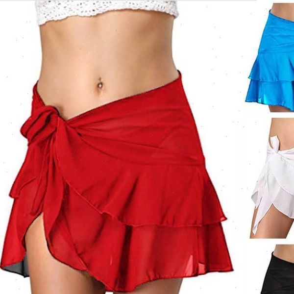 

women chiffon beach cover up summer ruffle bandage beachwear short bathing swim suit see through mini skirt new, Black