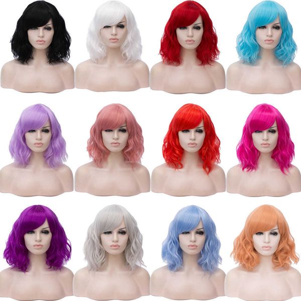 

fashion diagonal bangs color short curls wig for halloween, Black