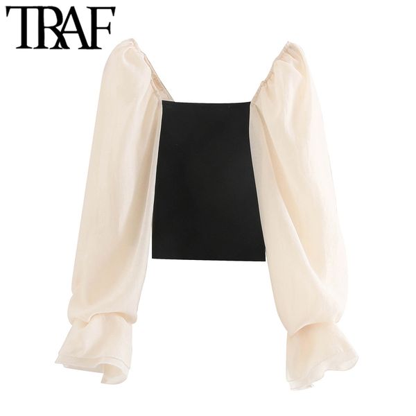 

traf women fashion patchwork organza cropped knitted blouses vintage see through sleeve stretch female shirts chic 210225, White