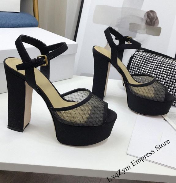 

sandals mesh female summer 2021 high-heeled fish mouth shoes rough with waterproof platform roman women's, Black