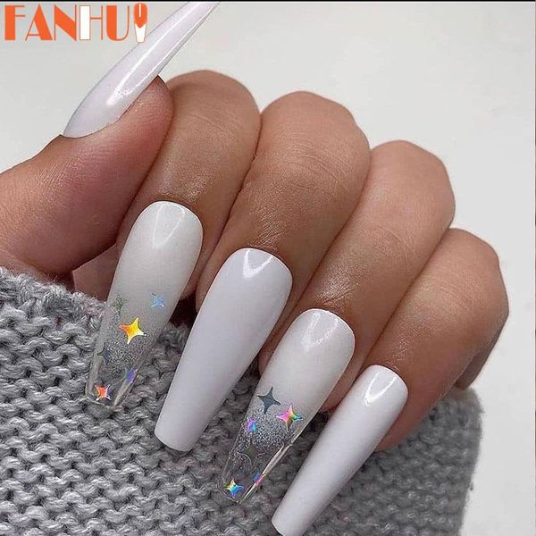 

false nails 24pcs long coffin fake white gradient laser star decal full cover ballerina nail art tips artificial fingernail tools, Red;gold