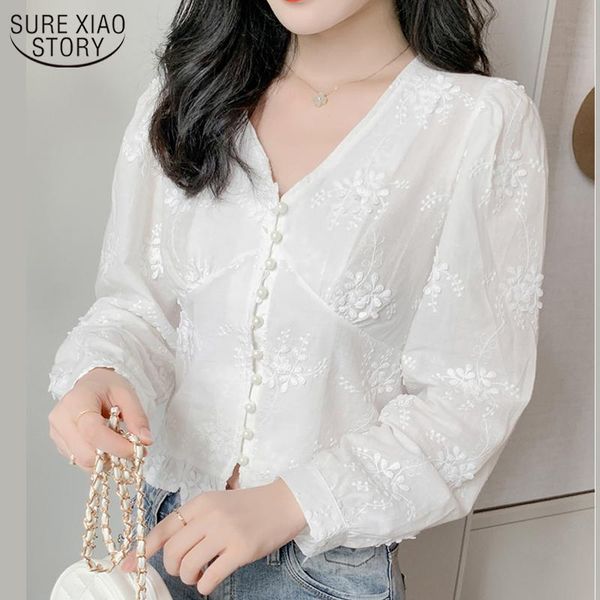 

women's blouses & shirts v-neck puff sleeve 2021 autumn white embroidery blouse retro high waist short lace shirt women blusas mujer de