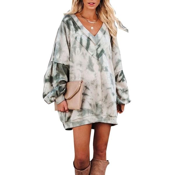 

women's hoodies & sweatshirts women long sleeve sweatshirt dress v-neck crisscross tie-dye oversized d08e, Black