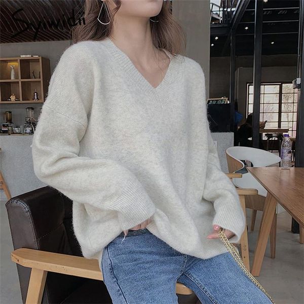 

women's sweaters syiwidii woman sweater autumn winter 2021 fashion pullovers long sleeve v neck white gray knitted korean casual loose, White;black